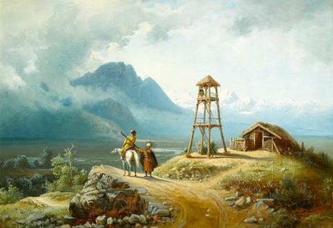 Paul von Franken A Mountainous Landscape with a Horseman by a Tower