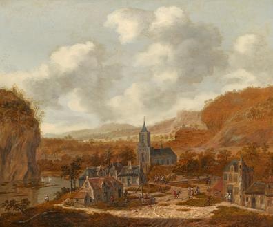 Dionijs  Verburgh  A Town in a Hilly Landscape with a River and Several Figures