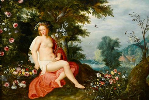 Jan Brueghel II Flora Seated in a Wooded Landscape and Surrounded by Flowers