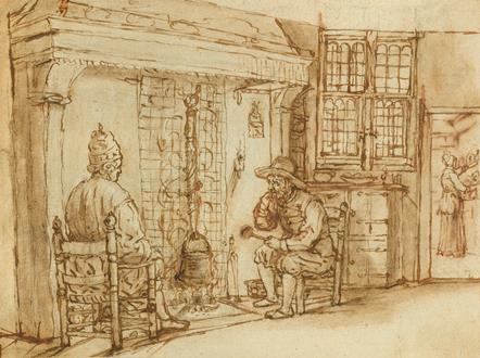 Cornelis de Man Two Men, One Elaborately Dressed, before a Fireplace, a Woman in a Kitchen Beyond (Recto); A Woman Bending forwards in Work, and a Dancing Putto (Verso)