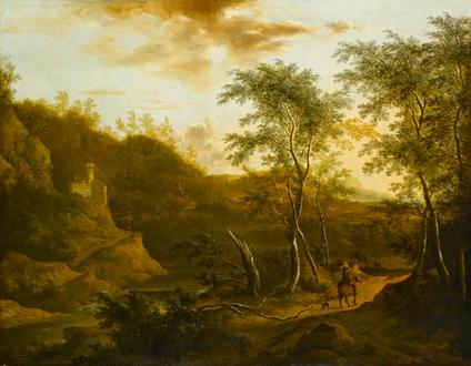Frederik de Moucheron A Wooded River Landscape with a Traveller on a Track