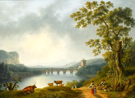 Jacob Philipp Hackert The Volturno with the Ponte Margherita, near Caserta, with a Herdsman Resting and Peasants on a Path