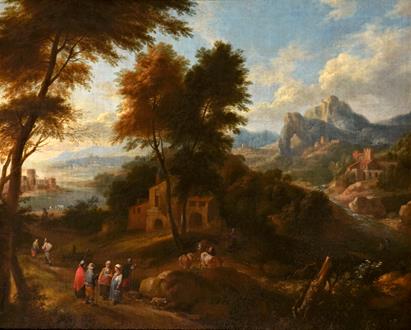Adraen Frans Boudewijns  An Extensive River Landscape with Figures around a Village with a Town in the Distance & An Extensive Mountainous Landscape with Figures before a Building 