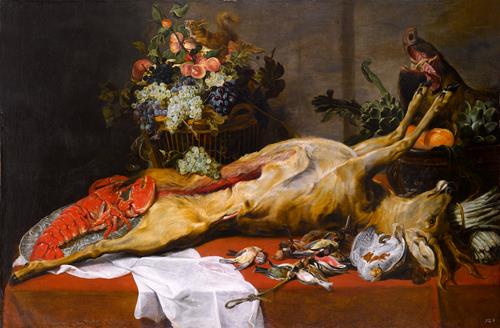 Frans Snyders A Buck, a Lobster on a China Plate, a Squirrel in a Basket of Fruit, Artichokes and a Boar’s Head in a Tureen, with Birds, a White Napkin and Asparagus on a Draped Table