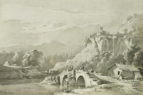 Jean-Jacques de Boissieu An Extensive Mountainous Landscape with Travellers on a Bridge by a Cottage, a Town seen beyond