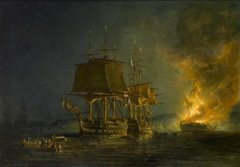 Nicholas Pocock The Burning of the Russian 74-gun Sewolod After she had been Engaged and Silenced by HMS Implacable, Captain T. Byam Martin, in the Baltic, 26 August, 1808