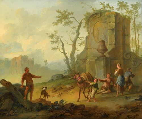A Classical Landscape with a Family Resting by the Ruins of a Fountain, a Man with a Pack-Donkey Passing by