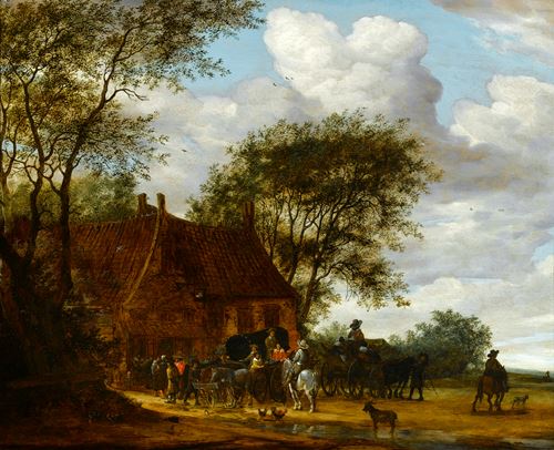 A Wooded Landscape with Travellers by an Inn