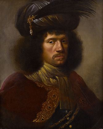 Portrait of a Man, Half-Length, Wearing a Plumed Turban and  Gold Embroidered Red Cloak with a White Shawl