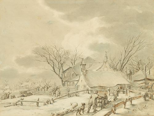 Winter Landscape with Peasants with a Sledge by a Farm, a Town Beyond
