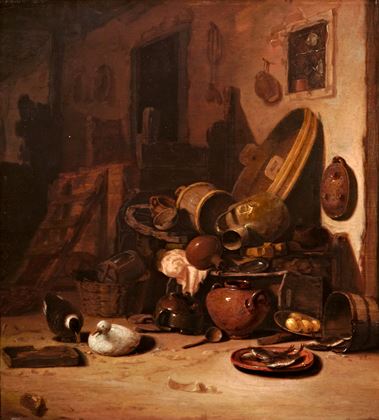 A Still Life of Earthenware Pots, Barrels, Baskets, Jugs,  an Earthenware Plate with Fish together with Ducks in a Barn