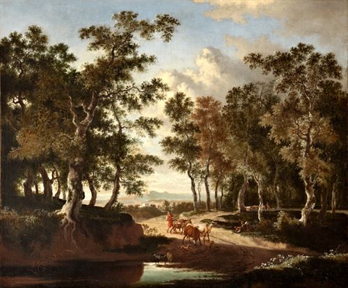 A Wooded Landscape with a Shepherd and his Herd on a Path near a Puddle