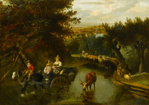 A Wooded Landscape with Peasants in a Horse-Drawn Cart Travelling Down a Flooded Road