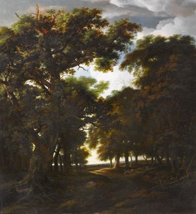 A Wooded Landscape with a Flock of Sheep on a Track 