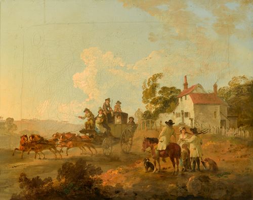 A Landscape with Travellers in a Horse Drawn Carriage and Figures Conversing by a Track