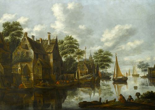 A River Landscape with Figures outside a Tavern and Yachts Moored alongside Houses