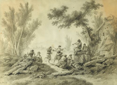 Peasants Resting and Dancing to a Piper beside a Farm
