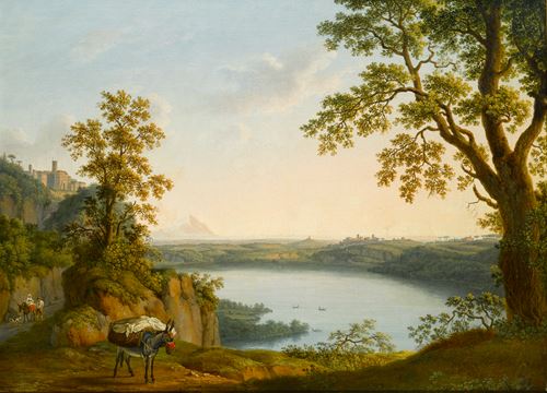 Lake Nemi from the North, with the Town of Nemi and the Town of Genzano beyond, with a Donkey and Travellers on a Path in the Foreground