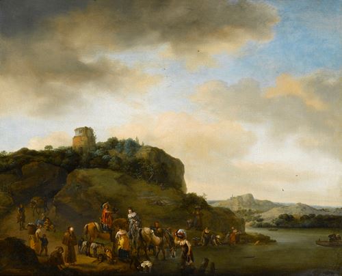 Landscape with a Hawking Party Stopped by a River