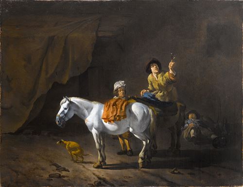 A Horseman Holding a Roemer of Wine with an Ostler Tending the Horses