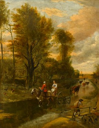 A Horse-Drawn Cart with Two Women Travelling down a Flooded Road at the Edge of a Wood
