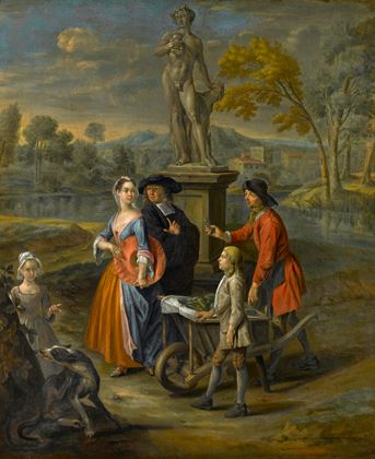 A Vegetable Seller and his Son Offering Wares to a Lady and a Cleric by a Statue of Bacchus