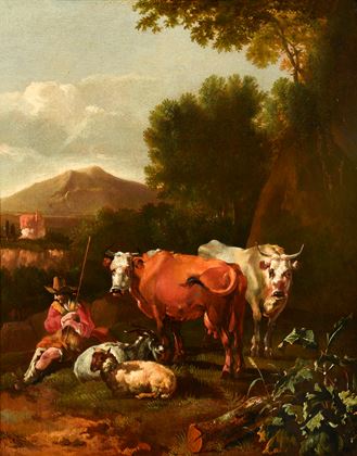 An Italianate Landscape with a Herdsman and his Cattle Resting near a Tree