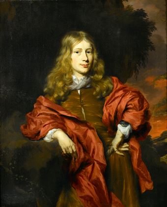 Portrait of a Gentleman, Three-Quarter Length, in a Brown Tunic with a Red Cloak  in a Wooded Landscape, at Sunset