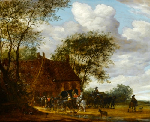 A Wooded Landscape with Travellers by an Inn