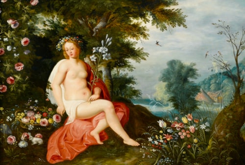 Flora Seated in a Wooded Landscape and Surrounded by Flowers