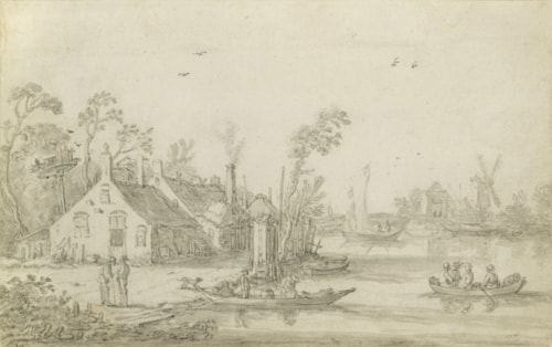 A River Scene with Rowing Boats, Cottages on the Shore and a Windmill in the Distance