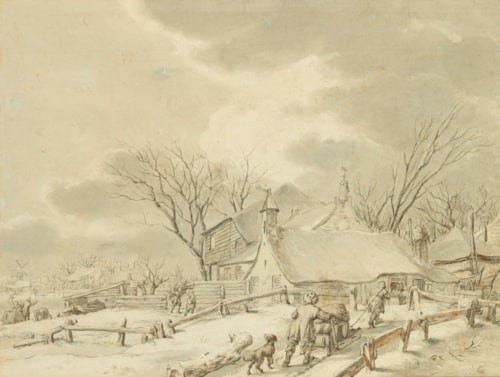 Winter Landscape with Peasants with a Sledge by a Farm, a Town Beyond