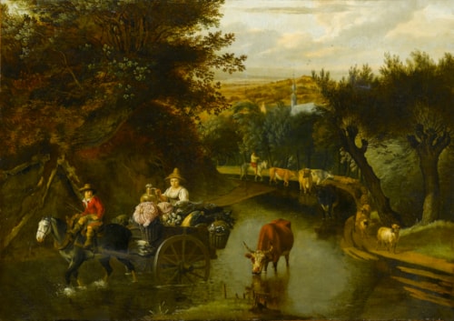 A Wooded Landscape with Peasants in a Horse-Drawn Cart Travelling Down a Flooded Road