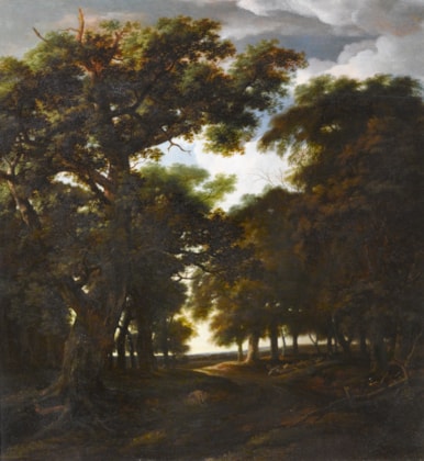 A Wooded Landscape with a Flock of Sheep on a Track