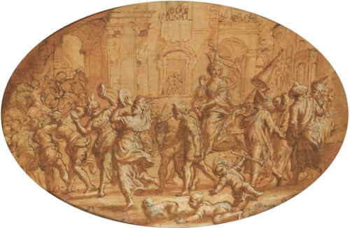 A Processional Feast with Musicians and People in Costume, a Woman on a Horse at the Centre