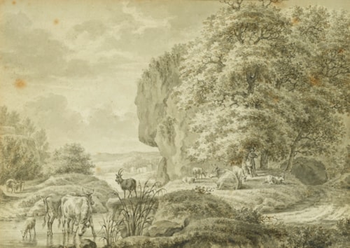 A Swineherd with Three Pigs on a Track, a Windmill Beyond & A Peasant Watering his Animals at a Ford