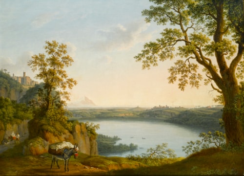 Lake Nemi from the North, with the Town of Nemi and the Town of Genzano beyond, with a Donkey and Travellers on a Path in the Foreground