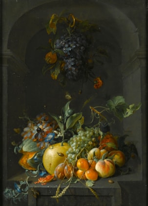 Still Life of Grapes, Melons, Peaches, Plums and other Fruit with Morning Glory and Shafts of Wheat  in a Stone Niche, with a Bunch of Grapes and Medlars Hanging Above