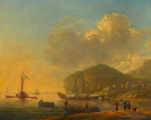 Shipping before a Mediterranean Coast with a Fortified Town near a Cliff