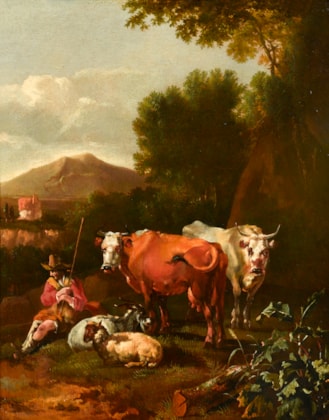 An Italianate Landscape with a Herdsman and his Cattle Resting near a Tree