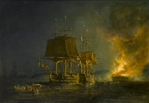 The Burning of the Russian 74-gun Sewolod After she had been Engaged and Silenced by HMS Implacable, Captain T. Byam Martin, in the Baltic, 26 August, 1808