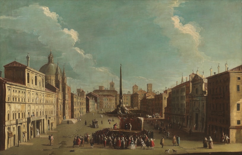 View of the Piazza Navona, Rome, with a Commedia dell’Arte performance