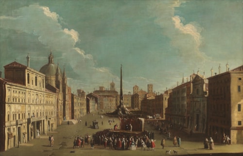 View of the Piazza Navona, Rome,  with a Commedia dell’Arte performance